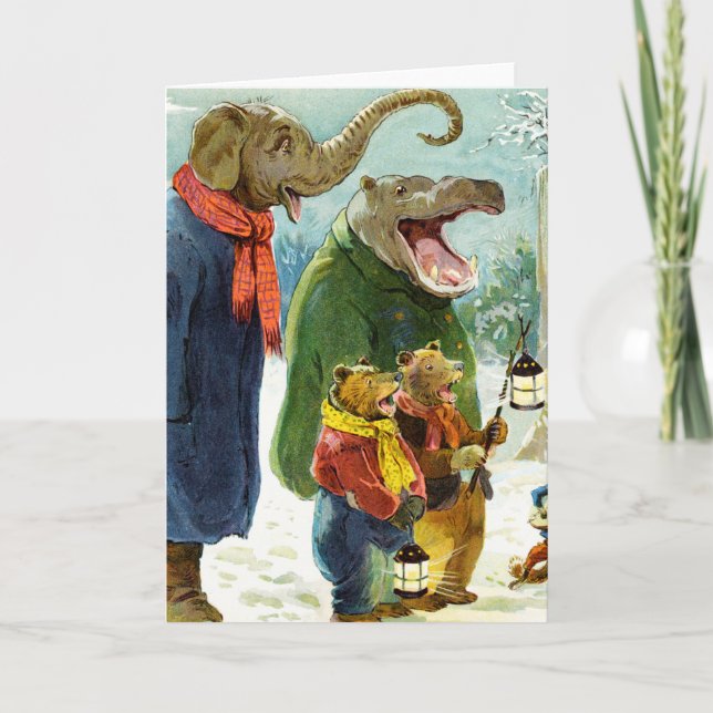 Elephants Hippopotamus & Bears Christmas Caroling Holiday Card (Front)