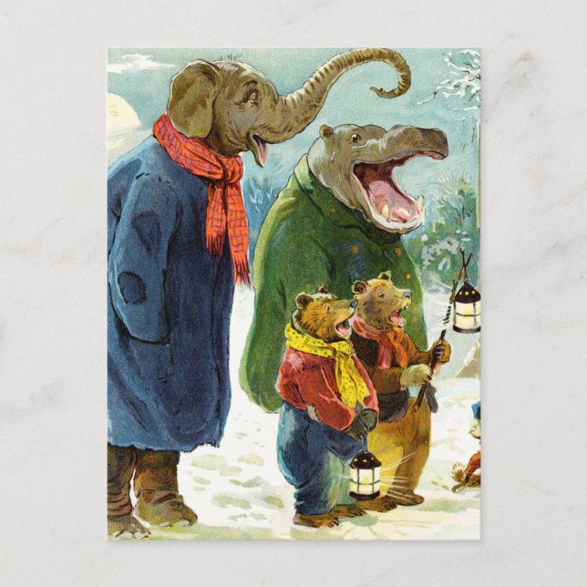 Elephants Hippopotamus & Bears Christmas Caroling Holiday Postcard (Front)