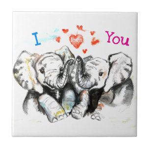 Elephants Hug I Love You Watercolor Ceramic Tile