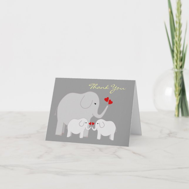 Elephants in Grey Twins Thank You Card (Front)