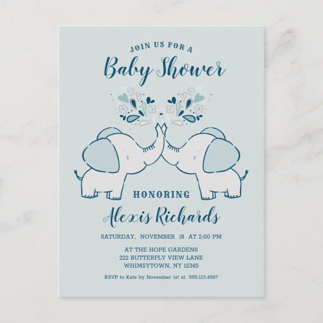 Elephants in Navy & Mint Baby Boy Twins Shower Invitation Postcard (Front)