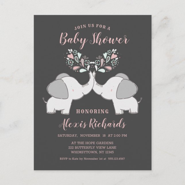 Elephants in Pink & Grey Baby Girl Twins Shower Invitation Postcard (Front)