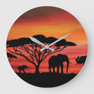 Elephants in The Serengeti Large Clock