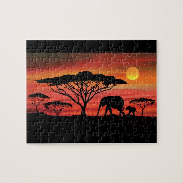 elephants in the Serengeti Sunset Jigsaw Puzzle (Horizontal)
