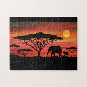 Elephants in the Serengeti Sunset Jigsaw Puzzle