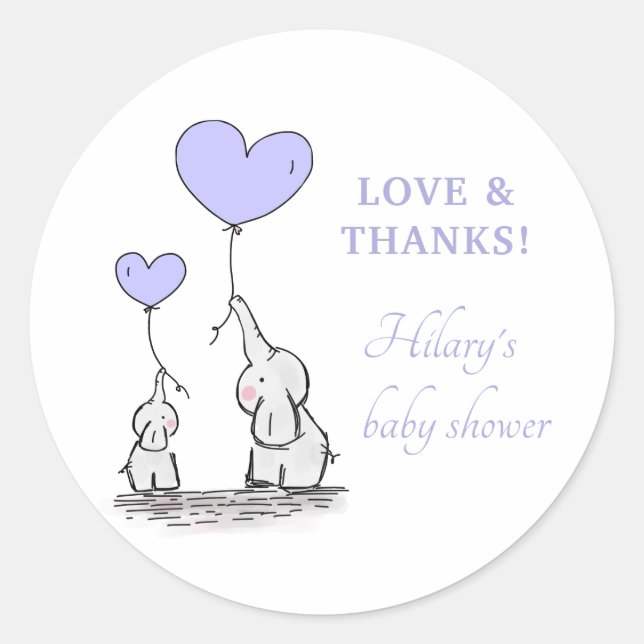 Elephants | Lilac Balloons Baby Shower Thank You Classic Round Sticker (Front)