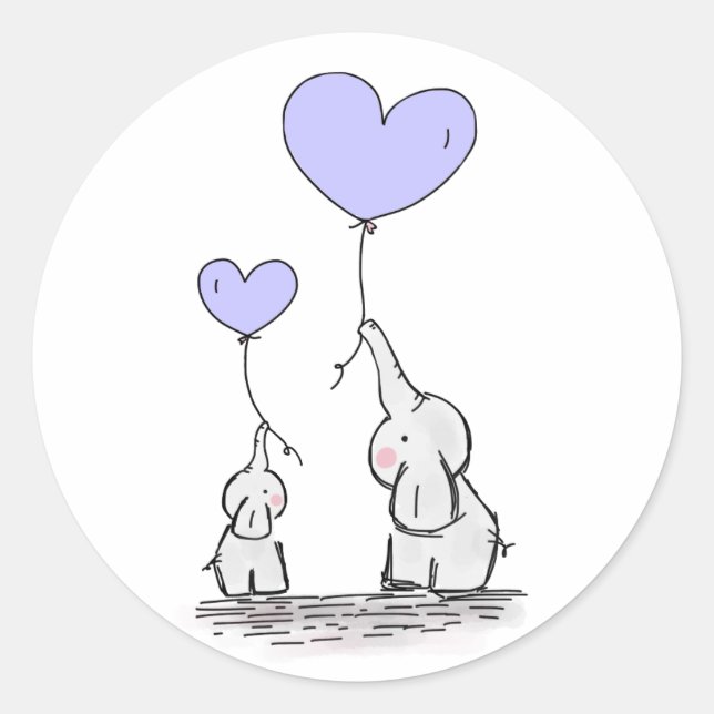 Elephants | Lilac Heart Balloons Baby Shower Classic Round Sticker (Front)