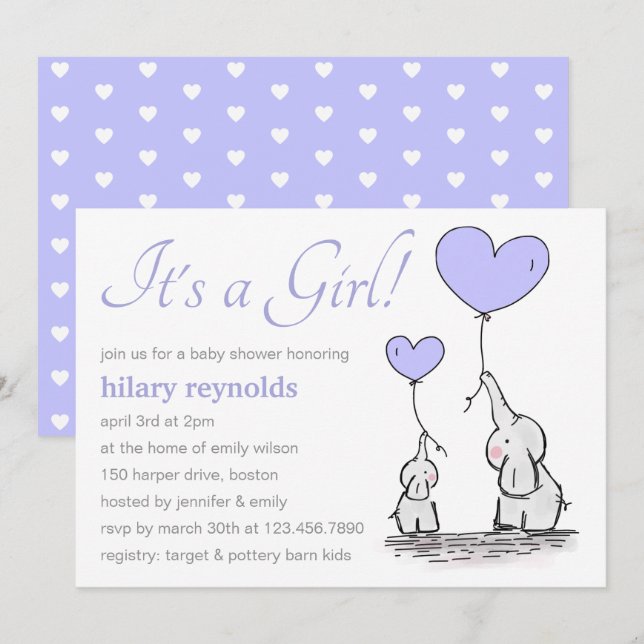 Elephants | Lilac Heart Balloons Baby Shower Invitation (Front/Back)