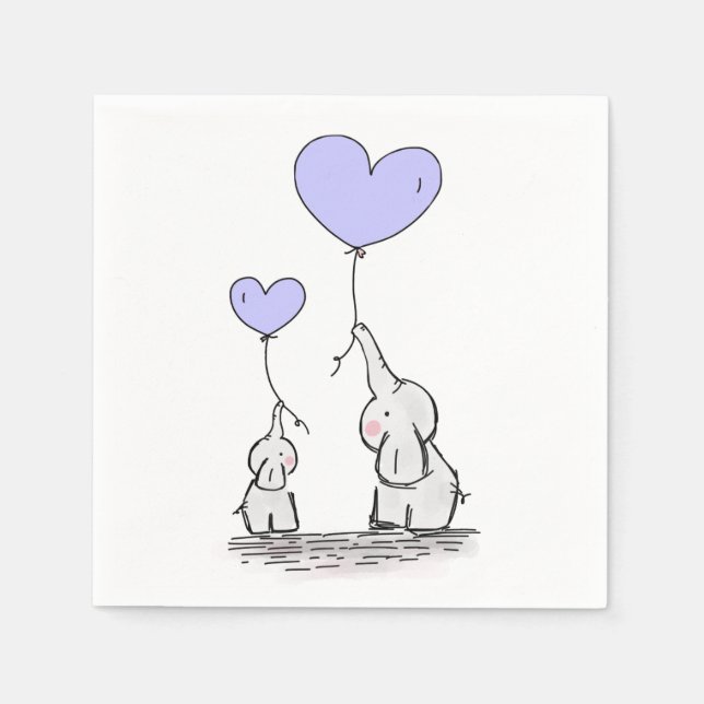 Elephants | Lilac Heart Balloons Baby Shower Napkin (Front)
