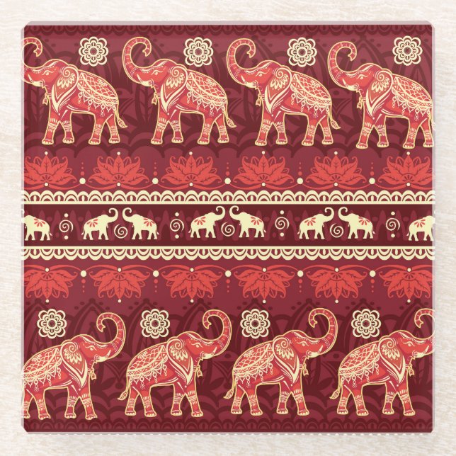 Elephants March: Playful Seamless Pattern. Glass Coaster (Front)