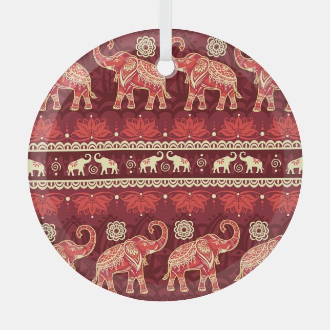 Elephants March: Playful Seamless Pattern. Glass Tree Decoration (Front)