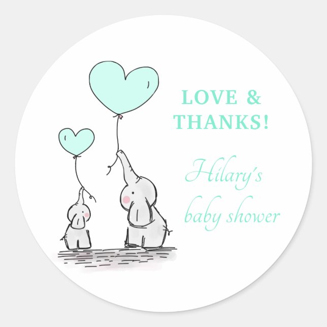 Elephants | Mint Balloons Baby Shower Thank You Classic Round Sticker (Front)