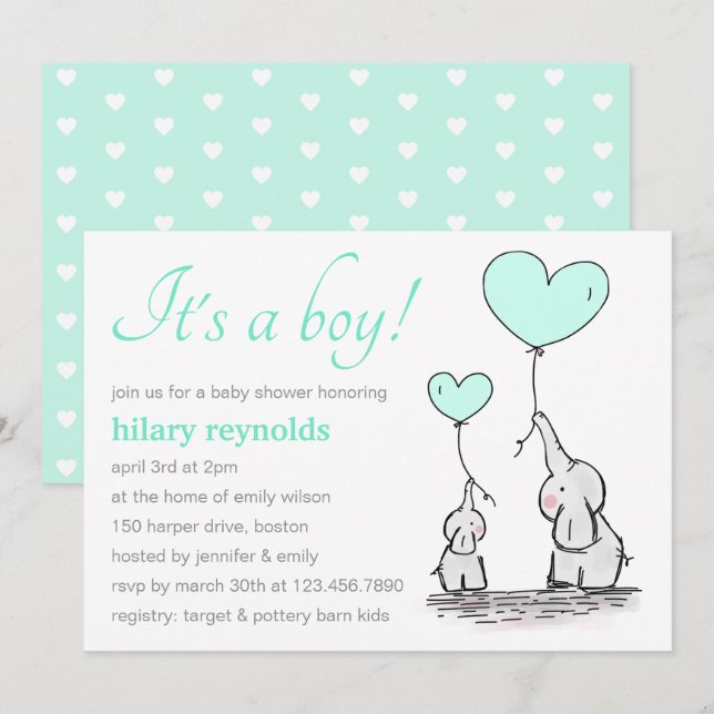 Elephants | Mint Green Heart Balloons Baby Shower Invitation (Front/Back)