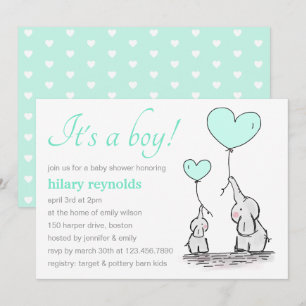 Elephants   Mint Green Heart Balloons Baby Shower Invitation