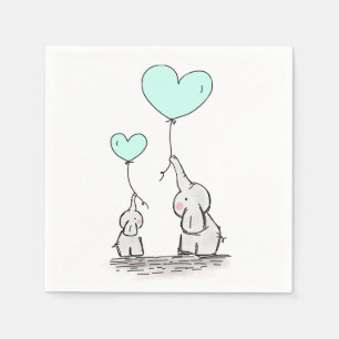 Elephants   Mint Green Heart Balloons Baby Shower Napkin
