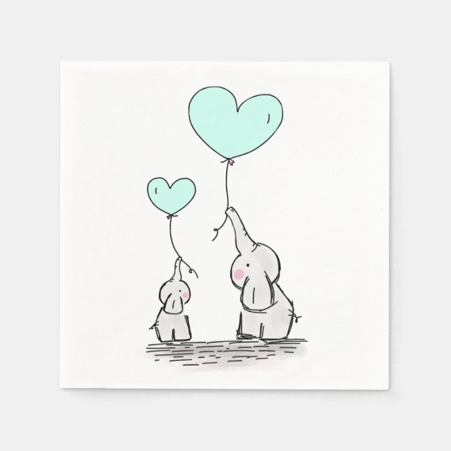 Elephants | Mint Green Heart Balloons Baby Shower Napkin (Front)