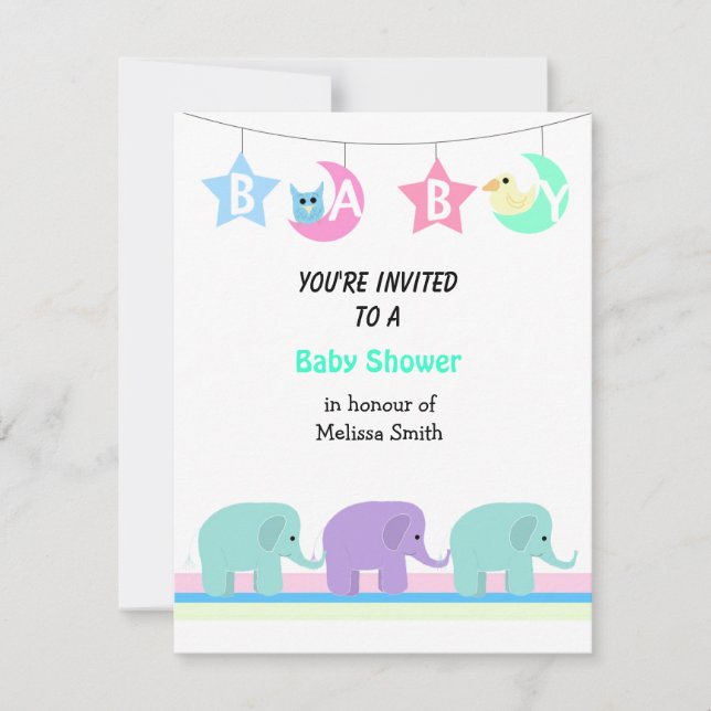 Elephants Moon and Stars Baby Shower Invitation (Front)