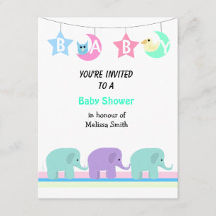Elephants Moon and Stars Baby Shower Invitation