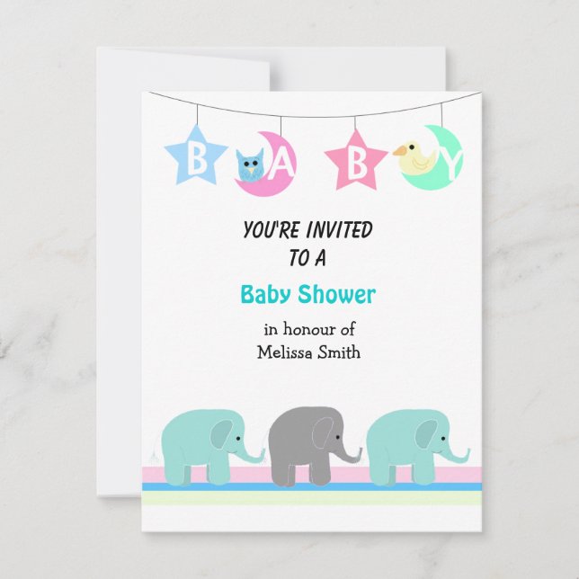 Elephants Moon and Stars Baby Shower Invitation (Front)
