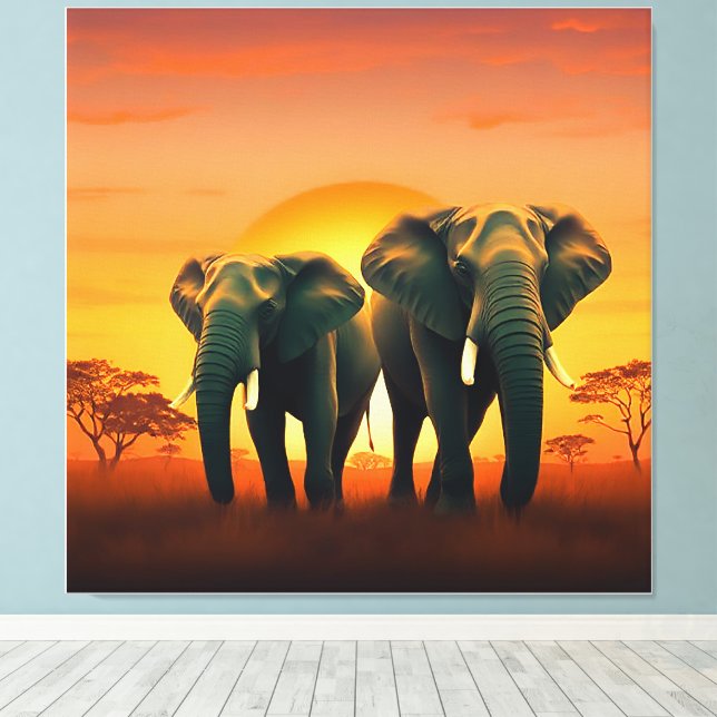 Elephants on the African plains Canvas. Canvas Print (Insitu(Wood Floor))