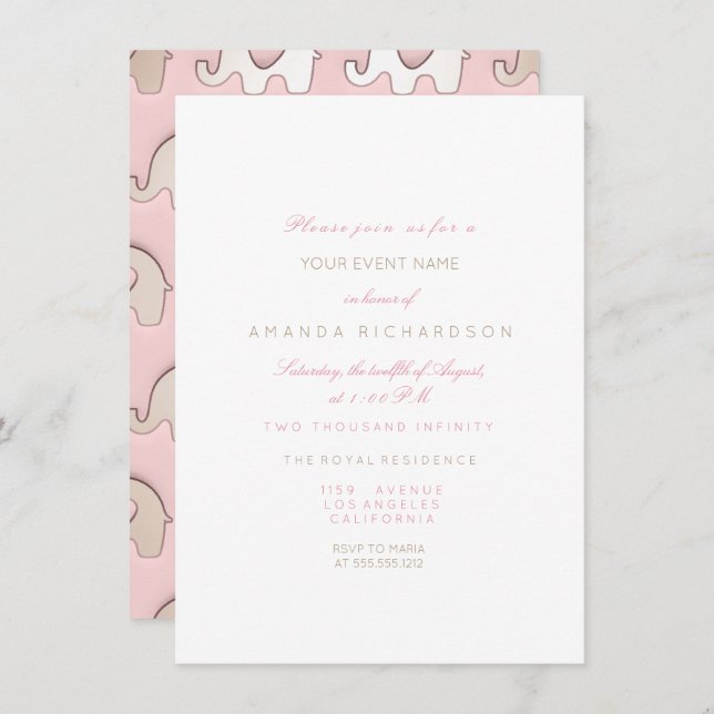 Elephants Pink  Birthday Baby Shower Ivory White Invitation (Front/Back)