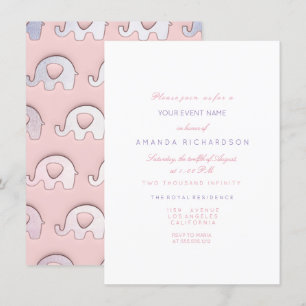 Elephants Pink Blue Pastel  Baby Shower White Invitation