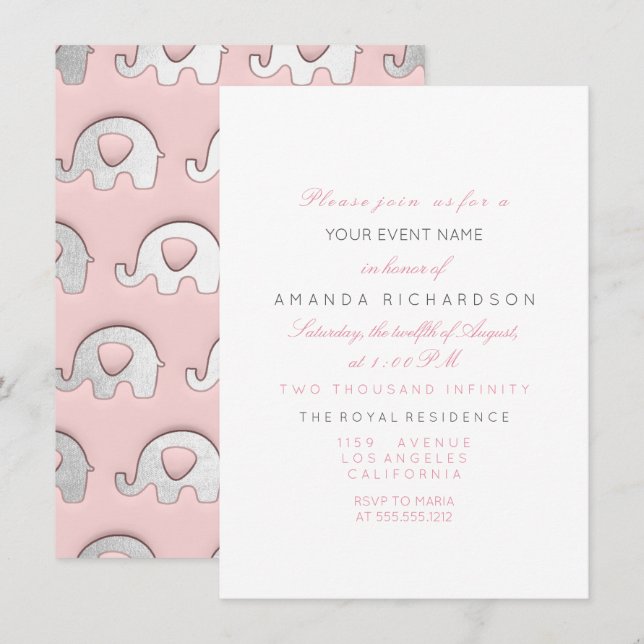Elephants Pink Grey Birthday Baby Shower White Invitation (Front/Back)