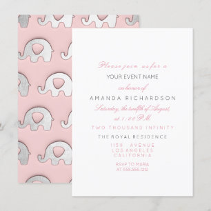 Elephants Pink Grey Birthday Baby Shower White Invitation