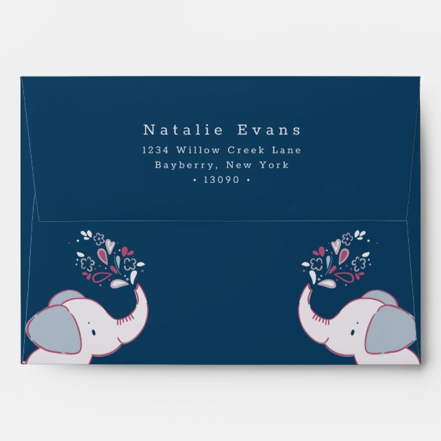Elephants Pink Navy & Dusty Blue 5x7 Invitation Envelope (Back (Top Flap))