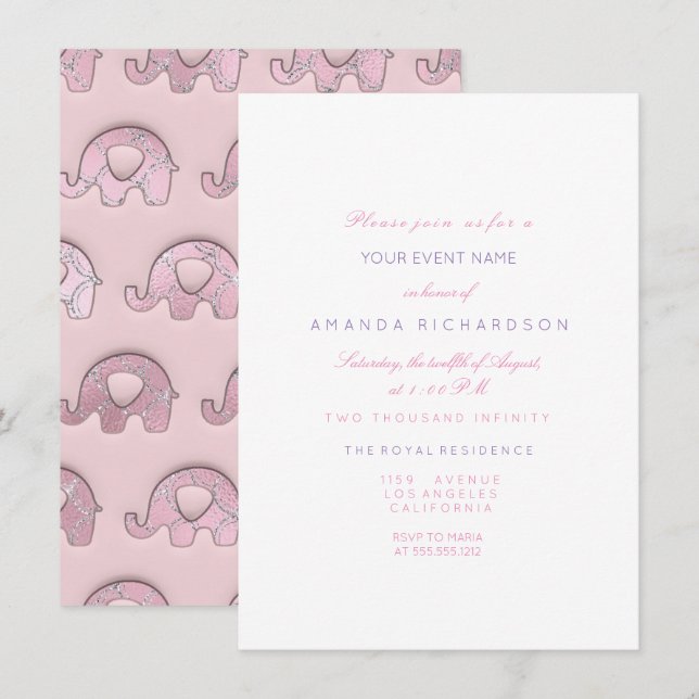 Elephants Pink Pastel Blue  Baby Shower Silver Invitation (Front/Back)