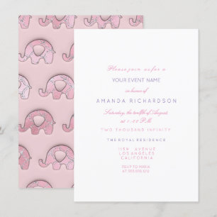 Elephants Pink Pastel Blue  Baby Shower Silver Invitation
