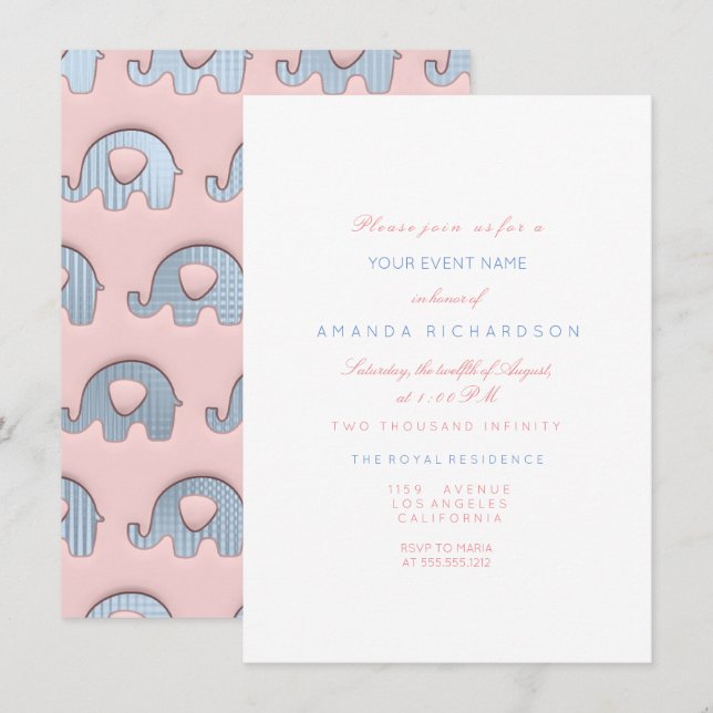 Elephants Pink Pastel Blue  Baby Shower White Invitation (Front/Back)