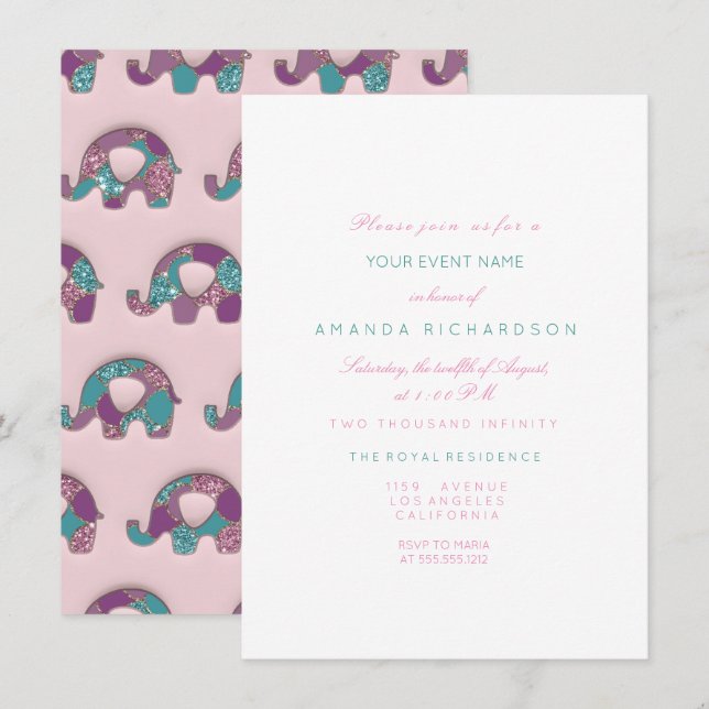 Elephants Pink Pastel Teal  Baby Shower Purple Invitation (Front/Back)