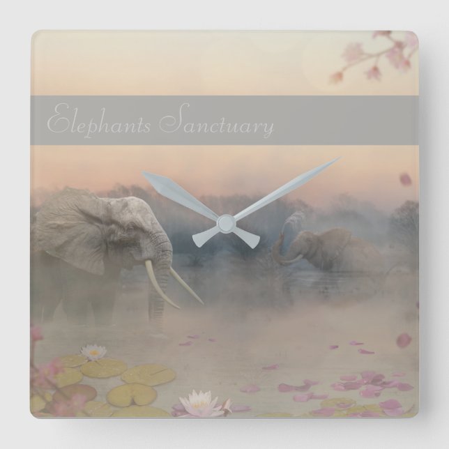 Elephants sanctuary square wall clock (Front)