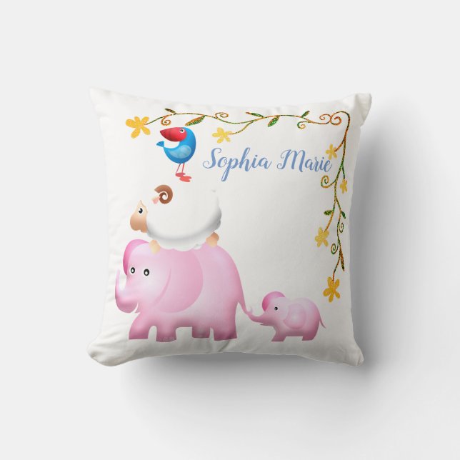 Elephants, Sheep & Bird Animal Tower Cushion (Front)