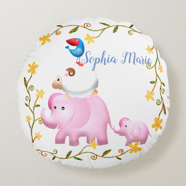 Elephants, Sheep & Bird Animal Tower Round Cushion (Front)