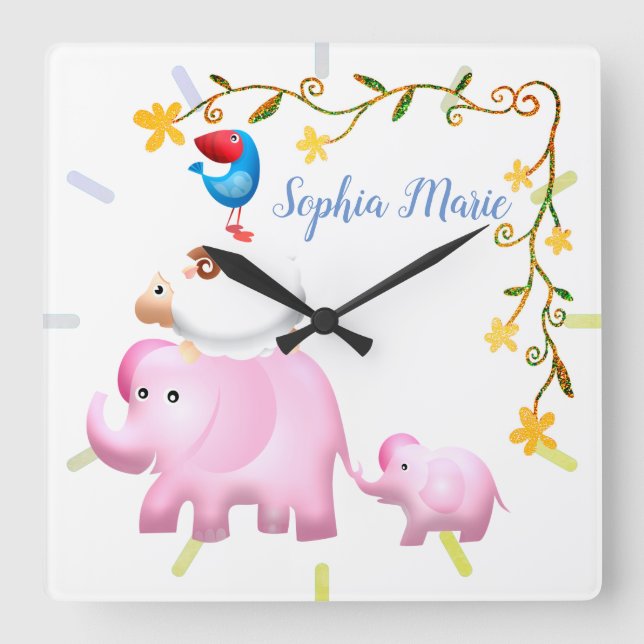Elephants, Sheep & Bird Animal Tower Square Wall Clock (Front)