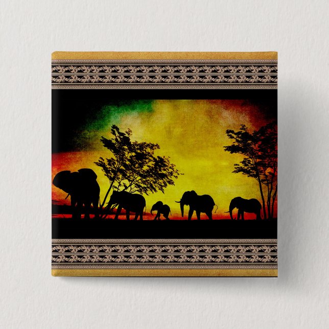 Elephants Sunset 15 Cm Square Badge (Front)