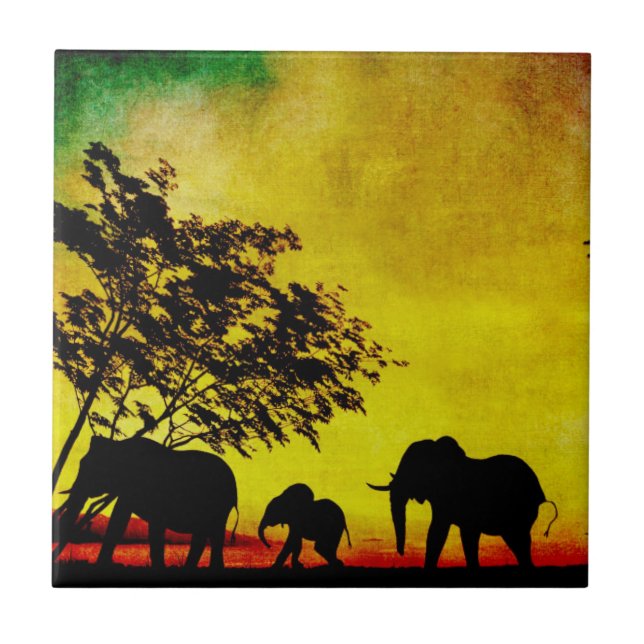 Elephants Sunset Tile (Front)