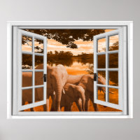 Elephants Sunset View Trompe l'oeil Fake Window