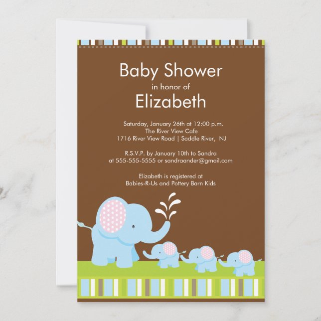 Elephants Triplets Baby Shower Boy Girl Invitation (Front)