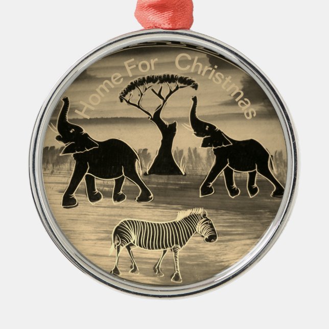 Elephants Trumpeting Home for Christmas Holidays Metal Tree Decoration (Front)