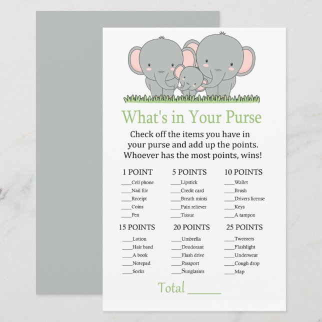 Elephants What's in your purse game (Front/Back)