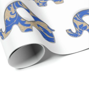 Elephants White Oriental Cobalt Blue Gold Indigo Wrapping Paper