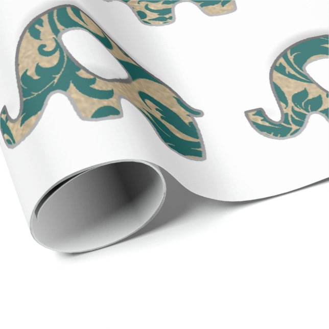 Elephants White Oriental Teal Champaigne Gold Wrapping Paper (Roll Corner)