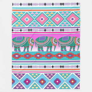 Elephants with Aztec Pattern Fleece Blanket