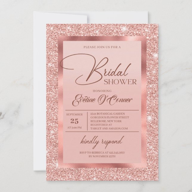 Eletgant rose gold glitter and rose gold foil invitation (Front)