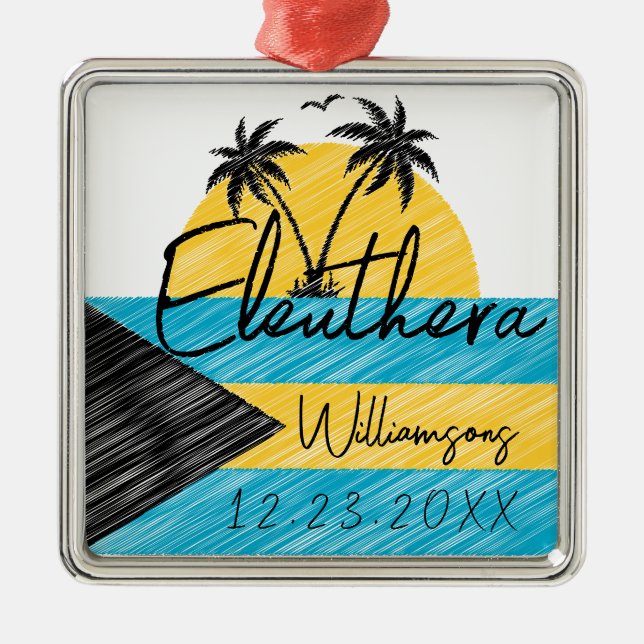 Eleuthera Bahamas Flag Palm Tree Sunset Souvenirs Metal Tree Decoration (Front)