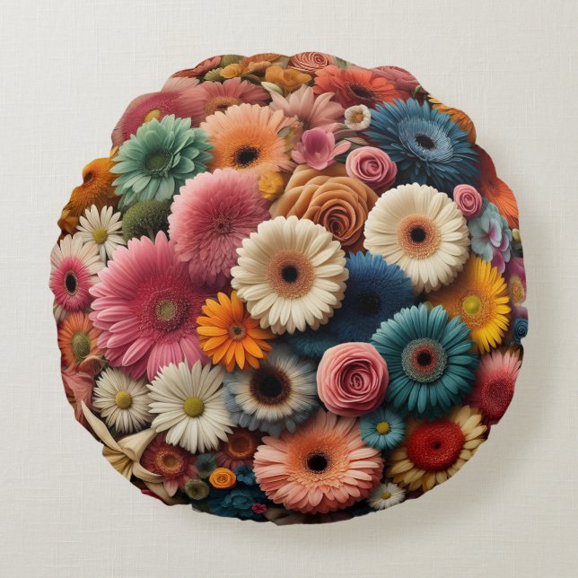 Elevate Your Space Colourful Gerbera Daisy Floral  Round Cushion (Front)