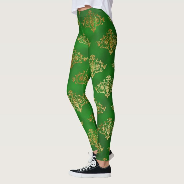 Elevate Your Style w/ Shimmering Gold & Green Foil Leggings (Left)